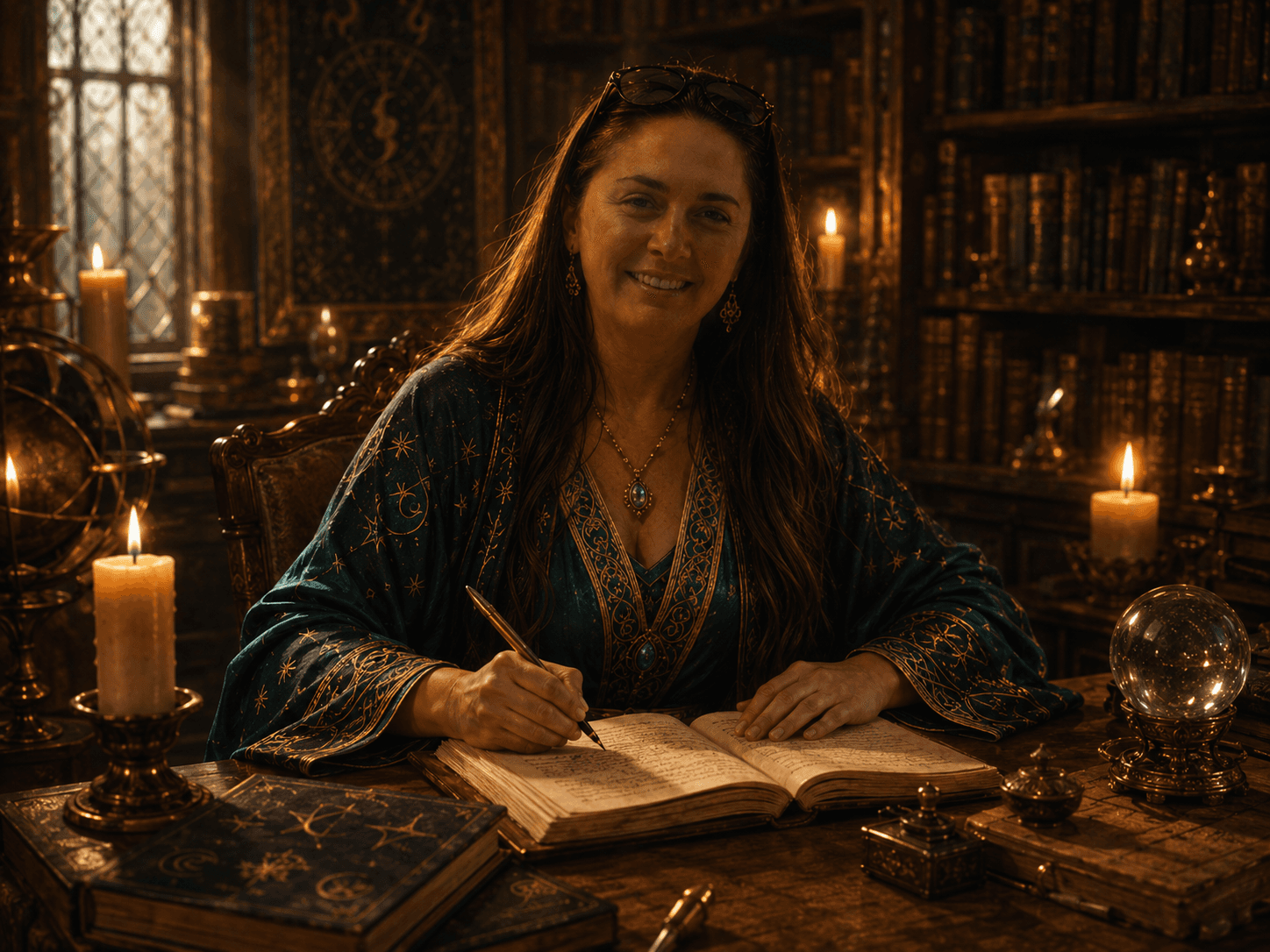 The Mage writing in a tome by candlelight, surrounded by books, a crystal ball and an armillary sphere