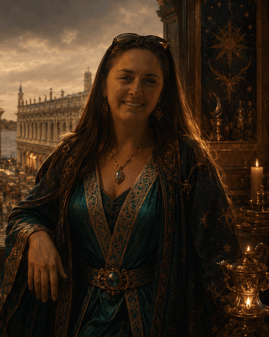 Rebekah Wortman as the Mage, overlooking a Venetian piazza by candlelight