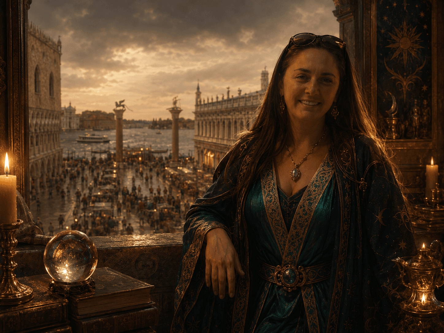 Rebekah Wortman as the Mage — overlooking a Venetian piazza at golden hour, with a crystal ball and candlelight